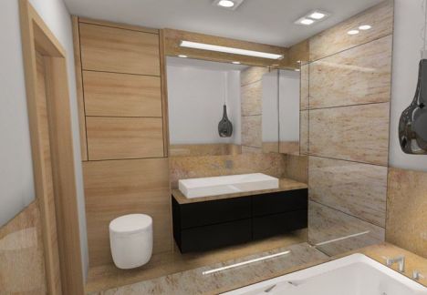 projekt łazienki widok na wannę i podwieszany kibelek - architekt MKdezere